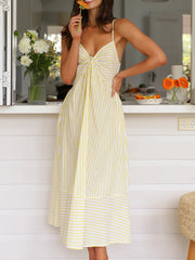 LIZAKOSHT - Fashion Long Beach Sexy vintage Dress for Women 2025 New dress Summer Women V-neck Sexy Striped Sling Dress Holiday