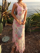 LIZAKOSHT - Floral Print Lace Patchwork Dresses Sexy Hollow Out Slits Party Dress Summer Chic Harajuku Vacation Long Outfits