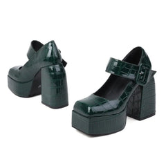 LIZAKOSHT - Lady Mary Jane Formal shoes for women Thick Heel Platform Hook & Loop Metal Buckle Square toes High-heeled shoes