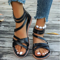 LIZAKOSHT - Cross Low Sandals Woman Leather Suit Female Beige Large Size Round Toe Shoes 2025 Summer Low-heeled Black Closed Fashion Big Bea