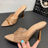 LIZAKOSHT  -  Embroidery Designer High Heels Slippers Women Sexy Pointed Toe Party Dress Shoes Summer Elegant Fashion Thin Heels Sandals Women