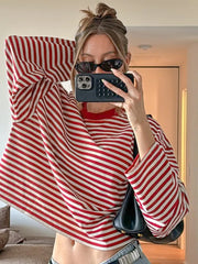 LIZAKOSHT - Casual Striped T-shirts for Women 2025 Autumn O-neck Long Sleeve Loose Tops Tees Female Contrast Color T Shirt Streetwear