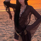 LIZAKOSHT - Hollow Out Bikini Sexy Long Sleeved Mesh Outer Cover Swimsuit Women Summer Comfortable Beach Vacation Fashionable Retro Trend