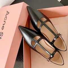 LIZAKOSHT - Fashion Women Shoes New High Quality True Leather T-shaped Buckle Pointed Low Heel Leather Shoes Summer Light Shoes