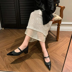 LIZAKOSHT - Leather Custom Rhinestone Metal Belt Buckle Mary Jane Women's Shoes Retro Pointed Square Heel Casual Shoes for Wedding Banquet