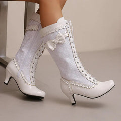 LIZAKOSHT - Big Size Shoes Woman Thigh-High Boots Lace Up Round Toe Large Size Over-the-Knee High Heel Rock Rubber Ladies Riding Lace-Up PU