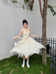 LIZAKOSHT - Irregular V-neck Women Slim Suspender Dress A-line Tie Y2K Pleated Female Dress Design Chic Sexy Dresses