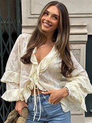LIZAKOSHT - Chic Cascading Ruffle Top For Women V-neck Long Sleeve Hollow Out Lace Up Transparent Shirt 2025 Summer Female Casual Outerwear