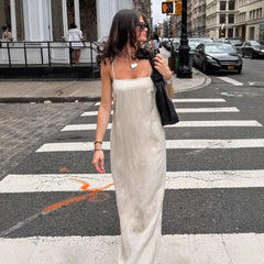 LIZAKOSHT - Spring and Summer Commuting Khaki Cotton and Linen Suspender Dress Women's Fashion Loose A-shaped Long Dress