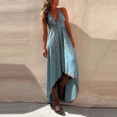 LIZAKOSHT - Women's Sexy Backless Hollow Out Irregular Dress Fashion Lace-Up Swing Long Dresses Elegant Hanging Neck Sleeveless Party Dress
