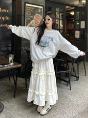 LIZAKOSHT - Wood Ear Edge French Simple Midi Skirt Sweet Women Skirts Spring Summer Elastic Waist A-line Fashion Layer Cake Skirt Tutu Korea