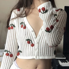 LIZAKOSHT - Kawaii Cute Cherry Cardigan Sweet Slim Prairie Chic Long Sleeve V-Neck Sweater Women Knitted Crop Tops y2k Japanese Streetwear