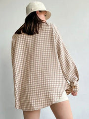 Lizakosht Lapel Swallow Gird Shirt Jacket Women Sweet Single Breasted Long Sleeve Coat Autumn Fashion Button Pockets Female Tops