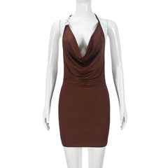 LIZAKOSHT - Women's Asymmetric Metal Ring Decorative Halter Swinging Collar Draped Backless Sleeveless Skinny Mini Dress Nightclub Wear