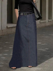 LIZAKOSHT - Female Stylish Imitation Denim A-Line High Waist Long Skirts New Spring Summer Solid Color Korean Pockets Skirt
