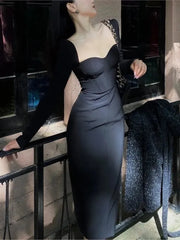 LIZAKOSHT - Square Collar Slim Bodycon Black Vestido Femme Fashion Outerwear Robe Women Autumn Long Sleeve Elegant A-Line Midi White Dress