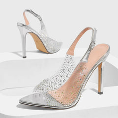 LIZAKOSHT - Luxury Rhinestone Thin Heeled Sandals Women Sexy Pointed Toe Transparent PVC Pumps Size 42 Elegant Party Backless Stripper Shoes