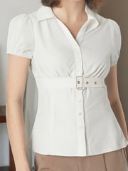 LIZAKOSHT - Ladies Stylish Solid Color Blouse with Short Puff Sleeves and Turn Down Collar Casual Button Up Shirt for Summer Fashion