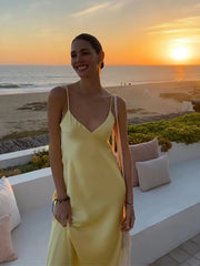 LIZAKOSHT - Silk Satin Glossy Slip Dress V-Neck Solid Color Drape Suspender Slim Fit Sexy Backless Strap Robes Women Halter Long Dresses