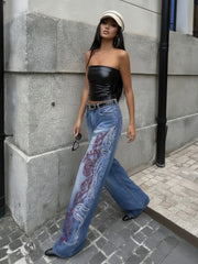 LIZAKOSHT - American Vintage Fashion Hot Girl Chic Jeans Women Loose Printed Straight Leg Denim Pants Slim Streetwear Trendy Long Trousers
