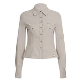 LIZAKOSHT  -  Harajuku Autumn Newly Pockets Flip Collar Buttons Long-sleeved Shirts Work Style Slimming Cardigant Top Blouses for Women