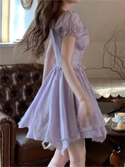 LIZAKOSHT - Summer Women Purple Mini Dress Female Puff Sleeve Lace Up A-line Dress Lady Square Collar Y2k Korean Dress