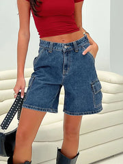 LIZAKOSHT  -  2000s Retro Y2K Denim Shorts Women Loose Mid Rise Cargo Long Jeans Shorts Summer Wide Leg Distressed Carpenter Denim Pants