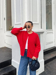 LIZAKOSHT - Chic Red Round Neck Loose Knitted Cardigan Women's Casual Single-breasted Long Sleeve Cropped Sweater Lady High Streetwear