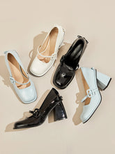 LIZAKOSHT High heeled blue Mary Jane thick heeled round toe patent leather spring and autumn single shoe girl