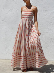 LIZAKOSHT - Strap casual vacation dress with printed stripes high waist and big swing summer new women's long dress