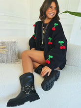 LIZAKOSHT  -  3D Cherry Knit Cardigan Women V Neck Long Sleeves Sweater Coats Female 2025 Autumn Winter Chic Fashion Solid Knitwears Lady