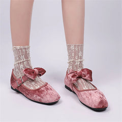 LIZAKOSHT - Size 42 flannel Sweet Lolita Mary Janes Shoes Comfy Sole Big Bow Tie Pink Flats Shoes Women