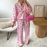 LIZAKOSHT - Womens Pajama Sets Cute Heart Print Long Sleeve Button Down Shirt With Long Pants 2 Piece Holiday Loungewear