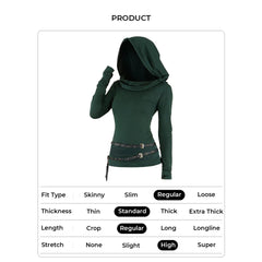 LIZAKOSHT - Long Sleeve Solid Color Hooded Top For Women Hoodie Ruched Curved Hem Casual Top With Double Belts