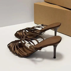 LIZAKOSHT - Summer Retro Style High Heels Women Roman Sandals Breathable Weaving Hollow Out Elegant Back Strap Date Banquet Lady Shoes