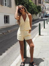 LIZAKOSHT - Fashion Halter Women's Two Piece Suit V-neck Sleeveless Single Breasted Backless Top Short Pants 2025 Summer Lady Causal Outfit