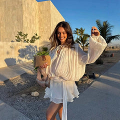LIZAKOSHT - Women's Fashion Solid Color Dress Set Irregular Long Sleeveless A-line Leace-up Mini Dresses Shorts Two Piece Set Fashion Female