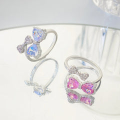 LIZAKOSHT - Pink White Zircon Rings Romantic Bowknot Shiny Ring for Women Girls Adjustable anillos Y2K Accessories Fashion Trend Party Gifts