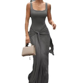 LIZAKOSHT - Elegant Fashion Maxi Dress Women Summer Trend Square Collar Sleeveless Ruched Knot Casual Simple Comfortabl Vestidos