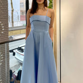 LIZAKOSHT - Sexy Waist Cinching Sleeveless Pleated Party Dress Leisure Ladies Solid Dresses French Style Vintage Satin Sling Evening Dresses