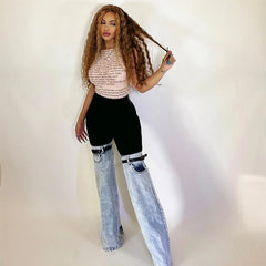 LIZAKOSHT - Women's Fashion Patchwork Denim Pants Streetwear Black Shorts + Belt Pockets Jeans Legs High Waits Women Pants Y2K Lounge Wear