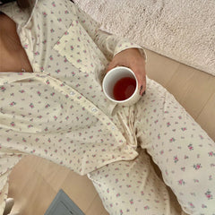 LIZAKOSHT - Women Pajamas Cute 2 Piece Set Y2K Vintage Print Button Up Long Sleeve Blouse T-shirt Tops+Pants Home Loungewear Sleepwear