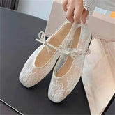 LIZAKOSHT - Embroidery Mesh Fabric Round Toe Flats Heels Women Sandals Summer Elegant Bowknot Lace-up Dress Mule Shoes