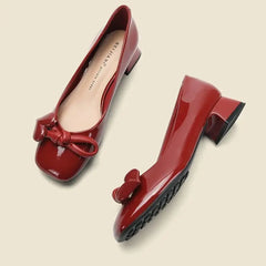 LIZAKOSHT - Shoes for Women Low Heel Elegant Ladies Summer Footwear Normal Leather Casual Square Toe with Bow Red Genuine Mark Fashion