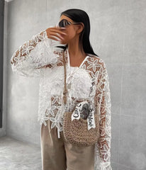 LIZAKOSHT - Cute Women's V-Neck Long Sleeve Cardigan Summer Sunscreen Casual White Color Versatile Hollow Lace-Up Design
