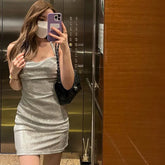 LIZAKOSHT - Women Dresses All Season Korean Fitting Slim Stick Sleeveless Off Shoulder Mini Dresses Party Club Vestidos Mini Dress