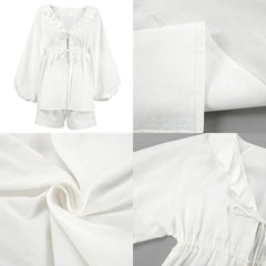 LIZAKOSHT - Cotton Linen Shorts Sets V-Neck Long Lantern Sleeve Lace-up Casual Shirts Loose Shorts Fashion Office Lady Style Solid Pant Suit