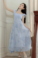LIZAKOSHT - Summer Lady Blue Dress Retro French Style Embroidery Flower Flying Sleeve Romantic Fairy Princess Dresses For Vacation Holidays