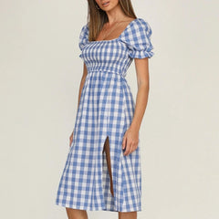 LIZAKOSHT - Womens Spring Cotton Plaid Check Puff Sleeve Midi Dress Ladies Summer Holiday Beach Split Sundress For Free Shipping