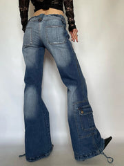 LIZAKOSHT - Vintage Blue Wash Loose Straight Flare Jeans Korean Chic Pockets Slim Denim Y2k Streetwear Low Waist Trousers All-match